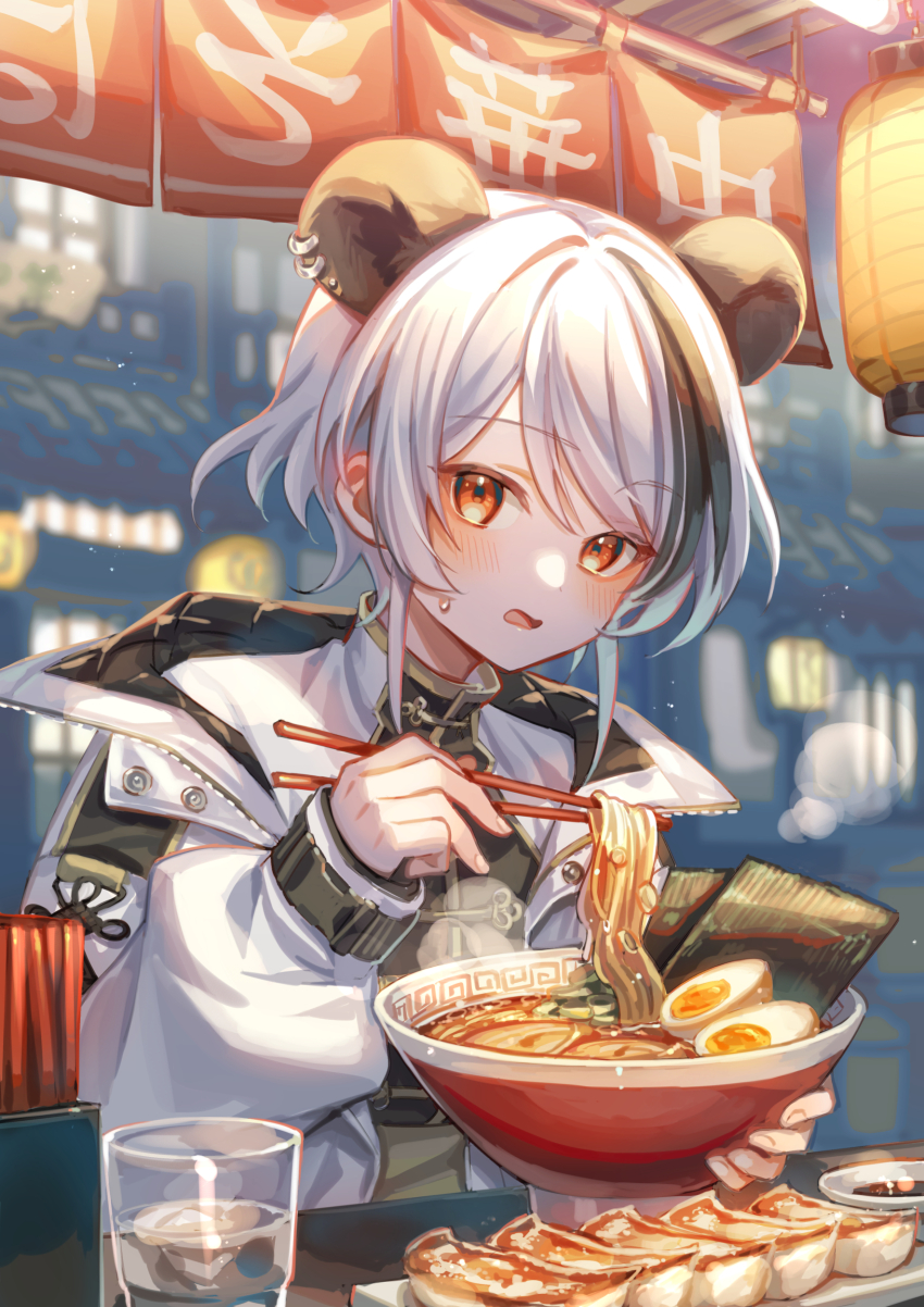 1girl absurdres animal_ears bear_ears bear_girl brown_eyes chopsticks dumpling egg_(food) extra_ears food glass highres holding holding_chopsticks jacket jiaozi lantern long_sleeves looking_at_viewer multicolored_hair noodles original paper_lantern ramen solo soup streaked_hair suzaku_(zaku6584) sweatdrop white_hair