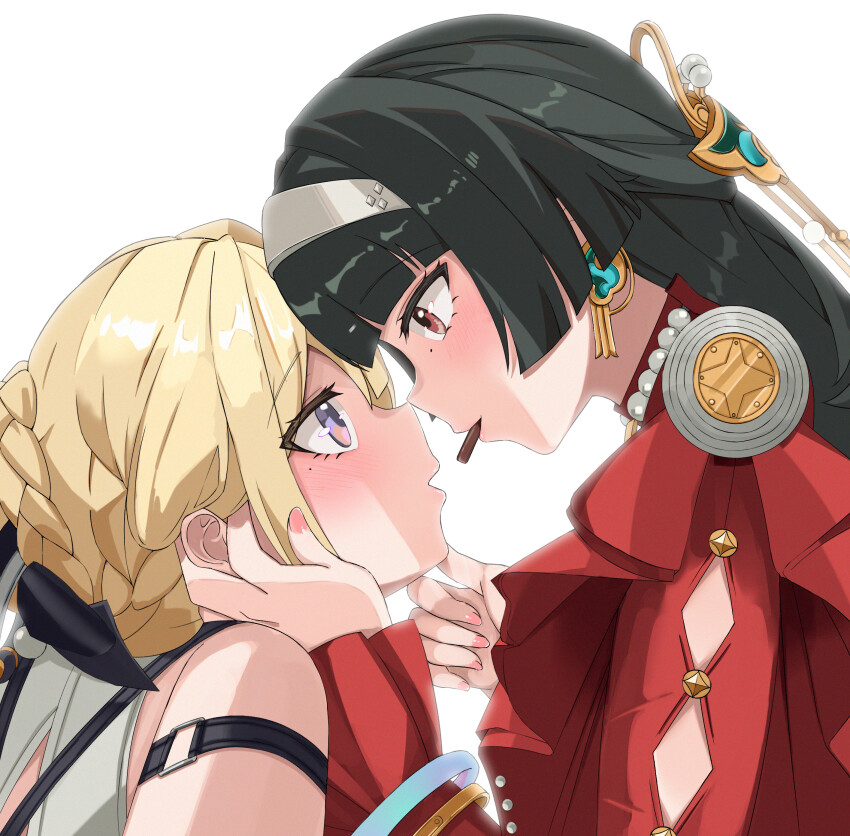 2girls absurdres arm_strap astra_yao black_hair blonde_hair blush bracelet braid braided_bun chest_harness chocolate dress earrings evelyn_chevalier eye_contact feeding hair_bun hair_ornament hairband hand_on_another&#039;s_chin harness highres imminent_kiss incoming_food jewelry long_hair looking_at_another mouth_hold multiple_girls necklace pearl_necklace purple_eyes red_dress red_eyes shared_food sharing_food shirt short_hair sylux white_hairband white_shirt yuri zenless_zone_zero