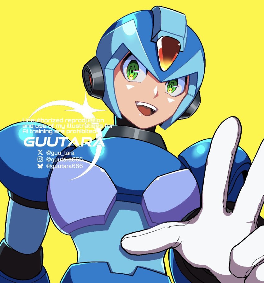1boy android armor blue_armor blue_helmet commentary forehead_jewel green_eyes guutara helmet highres mega_man_(series) mega_man_x_(series) simple_background solo symbol-only_commentary watermark x_(mega_man) yellow_background