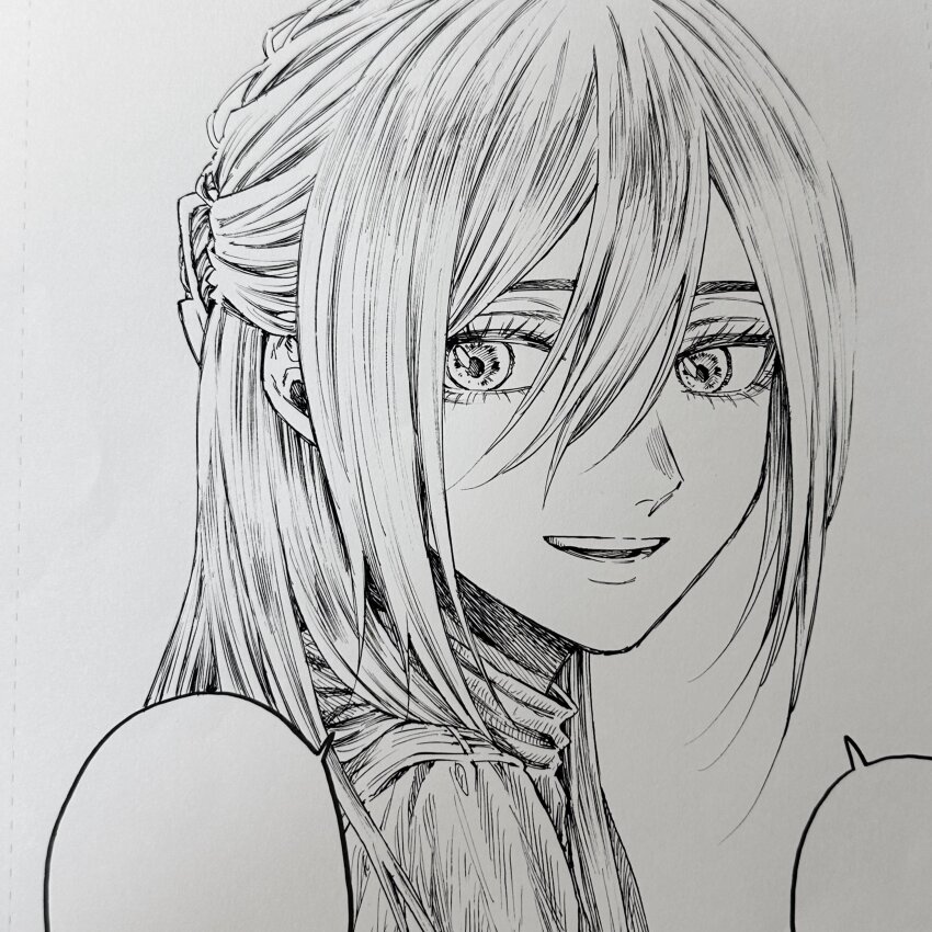1girl absurdres blank_speech_bubble double-parted_bangs from_side graphite_(medium) hair_between_eyes half_updo highres hoshina_subaru kaoru_hana_wa_rin_to_saku long_bangs long_hair mikami_saka monochrome official_art parted_lips photo_(medium) profile shirt smile solo speech_bubble straight_hair teeth traditional_media turning_head turtleneck upper_teeth_only