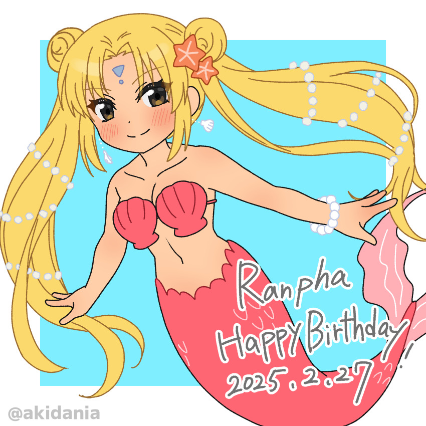 absurdres blonde_hair blush breasts brown_eyes clam_shell cleavage dated double_bun facial_mark forehead_mark galaxy_angel hair_bun happy_birthday highres kitaru long_hair looking_at_viewer mermaid monster_girl navel ranpha_franboise shell shell_bikini sidelocks smile starfish_hair_ornament twintails twitter_username