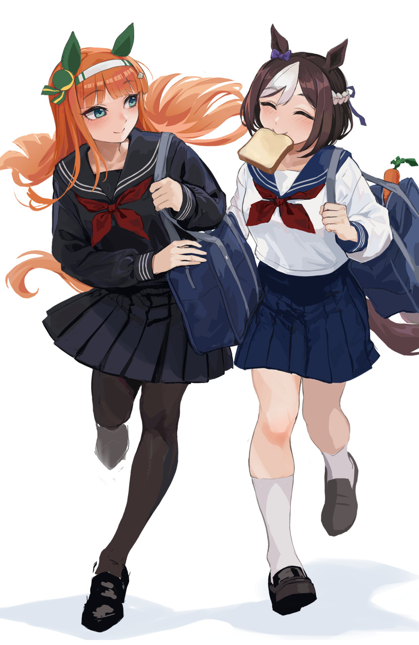2girls absurdres alternate_costume animal_ears aqua_eyes bag benikirin black_footwear black_shirt black_skirt blue_skirt blush bread_slice brown_hair carrot commentary ear_covers food food_in_mouth hairband highres hime_cut horse_ears horse_girl horse_tail late_for_school loafers looking_at_another mouth_hold multiple_girls neckerchief orange_hair pantyhose pleated_skirt red_neckerchief sailor_collar sailor_shirt school_bag school_uniform serafuku shirt shoes short_hair silence_suzuka_(umamusume) simple_background skirt socks special_week_(umamusume) tail toast toast_in_mouth umamusume white_background white_hair white_hairband white_shirt white_socks