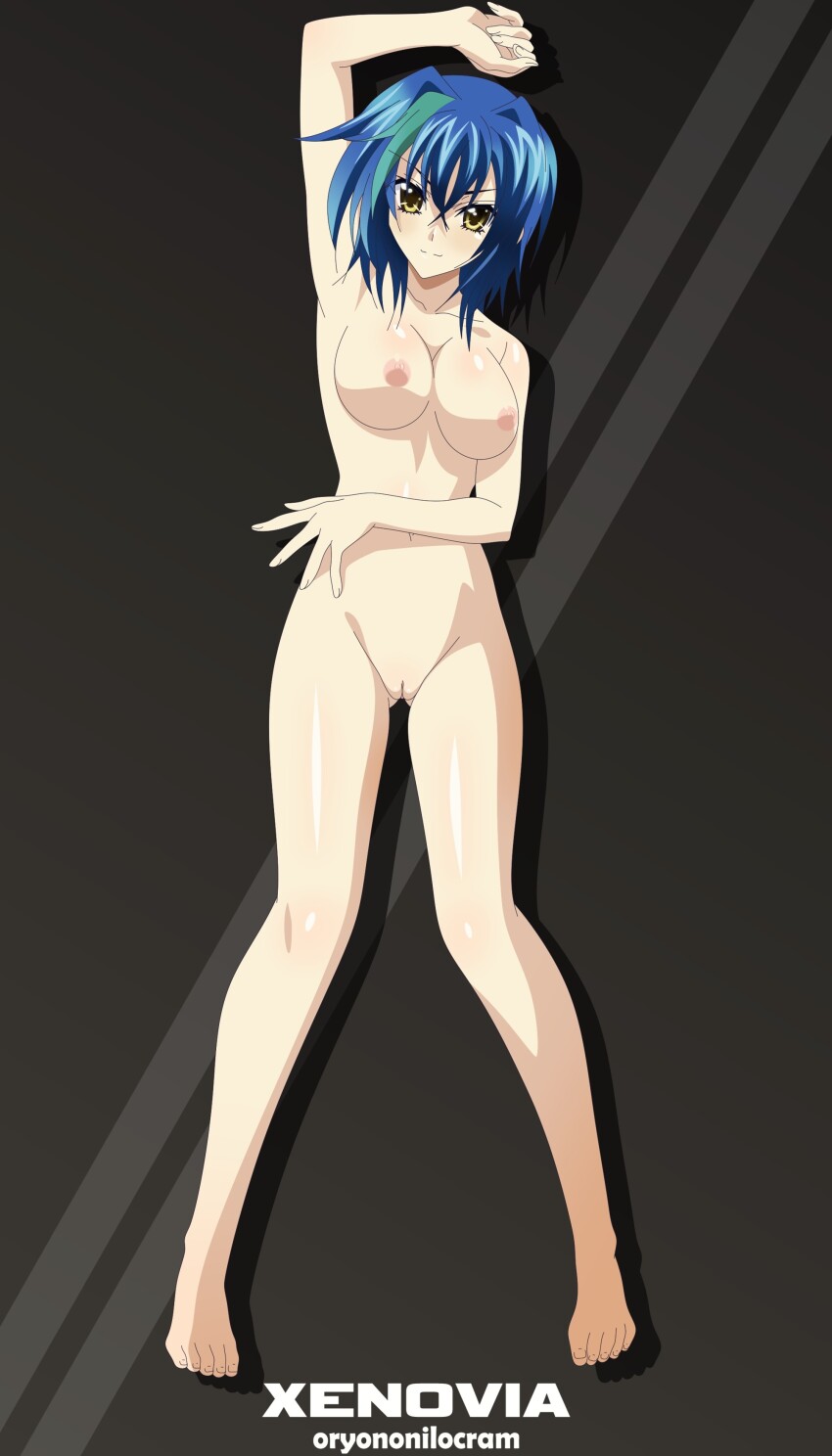 absurdres barefoot blue_hair breasts cleft_of_venus completely_nude feet high_school_dxd highres nipples nude nude_filter oryononilocram pussy short_hair third-party_edit uncensored xenovia_quarta yellow_eyes