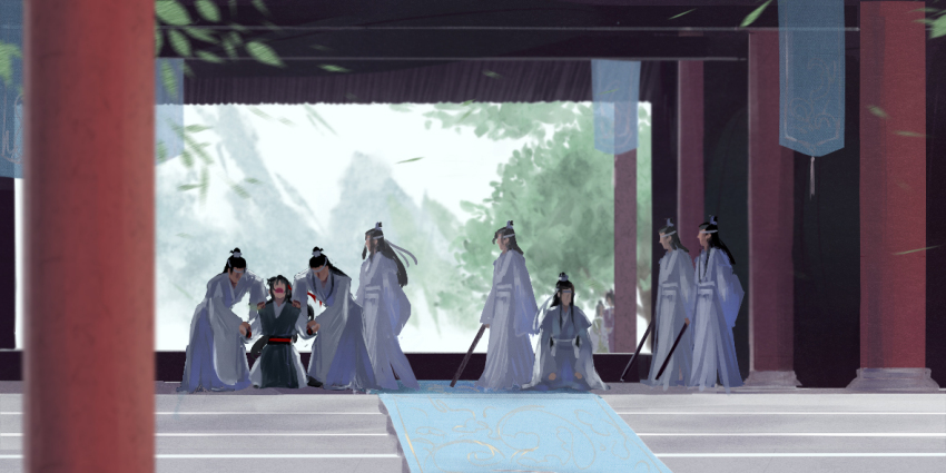 6+boys black_hair black_hanfu carpet chinese_clothes clenched_hands falling_leaves hand_on_another&#039;s_shoulder hands_on_lap hanfu headband holding holding_another&#039;s_wrist holding_stick lan_wangji leaf long_hair long_sidelocks long_sleeves male_focus modao_zushi mountain multiple_boys open_mouth outdoors pants pillar red_sash sash seiza sidelocks sitting stick topknot tree wei_wuxian white_hanfu white_headband white_pants white_sash wide_sleeves xianduguaitan xiao_guan_(headdress)