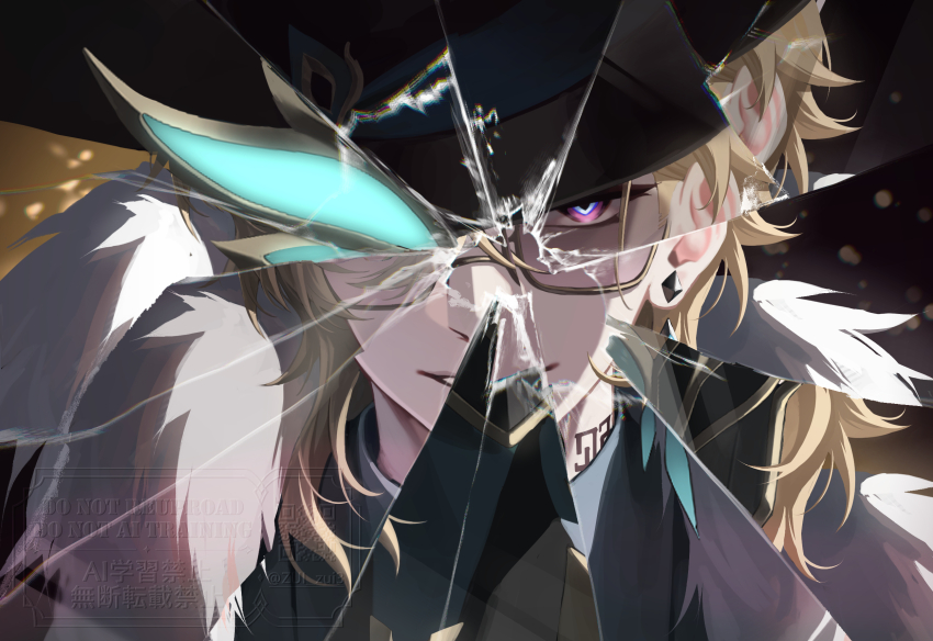 1boy aventurine_(boss)_(honkai:_star_rail) aventurine_(honkai:_star_rail) black_background black_hat black_jacket blue_eyes blue_shirt broken_glass collared_shirt commentary_request dual_persona earrings fur-trimmed_jacket fur_trim glass hat highres honkai:_star_rail honkai_(series) jacket jewelry looking_at_viewer male_focus multicolored_eyes neck_tattoo open_clothes open_jacket pink-tinted_eyewear purple_eyes semi-rimless_eyewear shirt single_earring smile solo sunglasses tattoo teeth tinted_eyewear two-tone_background v-shaped_eyebrows watermark yellow-framed_eyewear yellow_background zui_zui3