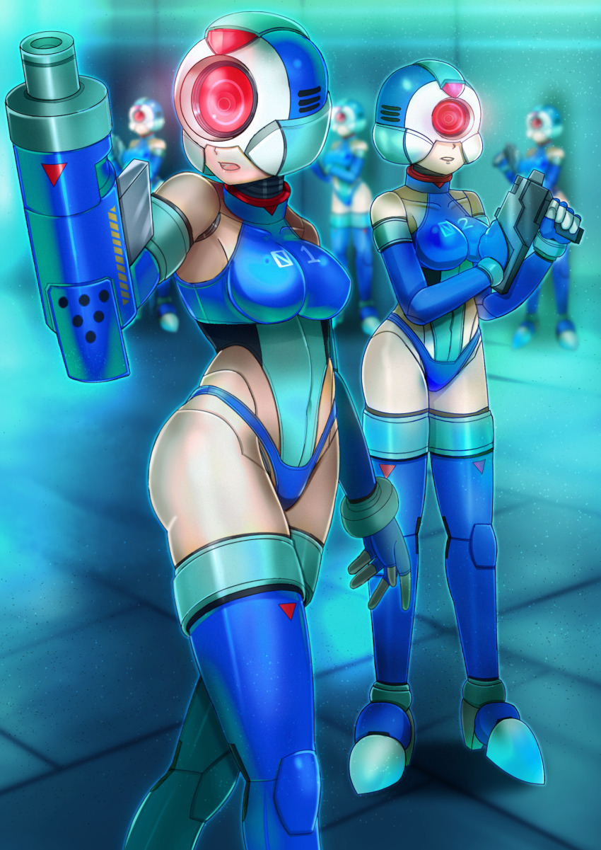 5girls arm_cannon blue_helmet blue_leotard blurry blurry_background breasts covered_eyes forehead_jewel genderswap genderswap_(mtf) gun helmet highres holding holding_gun holding_weapon kiwakiwa leotard medium_breasts mega_man_(series) mega_man_zero_(series) multiple_girls pantheon_(mega_man) skin_tight weapon