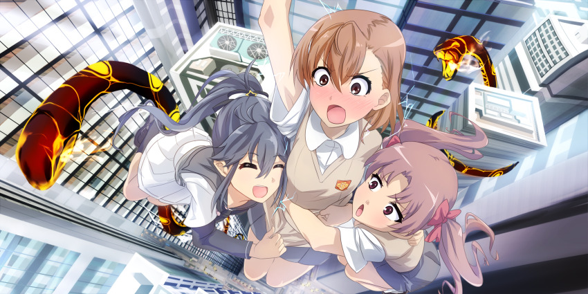 3girls absurdres aratama_(toji_no_miko) ayanokouji_martial_arts_school_uniform black_hair blush brown_eyes brown_hair brown_sweater_vest building closed_eyes collared_shirt commentary_request crossover electricity electrokinesis facing_another from_above grey_sailor_collar grey_skirt hair_between_eyes hair_ornament highres hug long_hair long_sleeves looking_at_another mashitono_desu midair misaka_mikoto multiple_girls open_mouth parted_bangs pleated_skirt ponytail sailor_collar school_emblem school_uniform shirai_kuroko shirt short_hair short_sleeves skirt skyscraper summer_uniform sweater_vest toaru_kagaku_no_railgun toaru_majutsu_no_index toji_no_miko tokiwadai_school_uniform twintails v-shaped_eyebrows white_shirt white_skirt winter_uniform yamashiro_yui