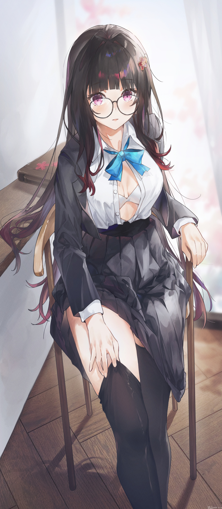 1girl absurdres bag black_hair black_jacket black_skirt black_thighhighs blue_bow blue_bowtie blunt_bangs blush bow bowtie bra center_opening chair colored_tips commentary_request feet_out_of_frame flower glasses hair_flower hair_ornament highres honkai:_star_rail honkai_(series) indoors jacket long_hair long_sleeves looking_at_viewer multicolored_hair open_clothes open_jacket open_mouth pink_eyes pleated_skirt red_hair school_bag school_uniform shirt sitting skirt solo sparkle_(honkai:_star_rail) sparkle_(school_uniform)_(honkai:_star_rail) swkl:d thighhighs thighhighs_pull unbuttoned unbuttoned_shirt underwear very_long_hair white_bra white_shirt