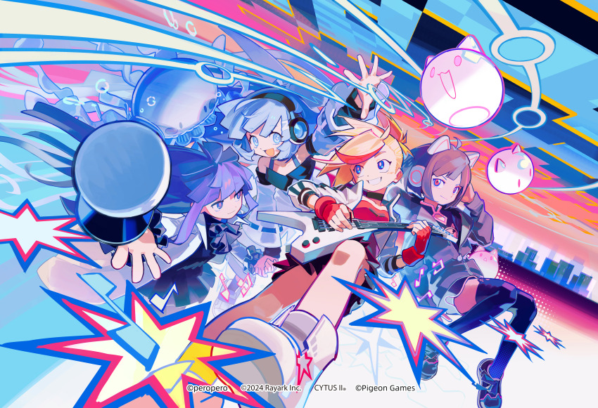 4girls :d absurdres ahoge animal_ear_headphones animal_ears asakura_neko black_footwear black_thighhighs blonde_hair blue_eyes blue_hair breasts brown_hair cat_ear_headphones character_request city commentary_request copyright_name crossover cytus cytus_ii detached_sleeves electric_guitar fake_animal_ears fingerless_gloves gloves grin guitar hat headphones highres instrument knoll_the_plaid long_hair looking_at_another looking_at_viewer marija_(muse_dash) multiple_girls muse_dash music musical_note official_art open_mouth playing_instrument purple_eyes purple_hair red_gloves rin_(muse_dash) rizline second-party_source see-through_clothes see-through_sleeves smile thighhighs unworn_hat unworn_headwear white_footwear