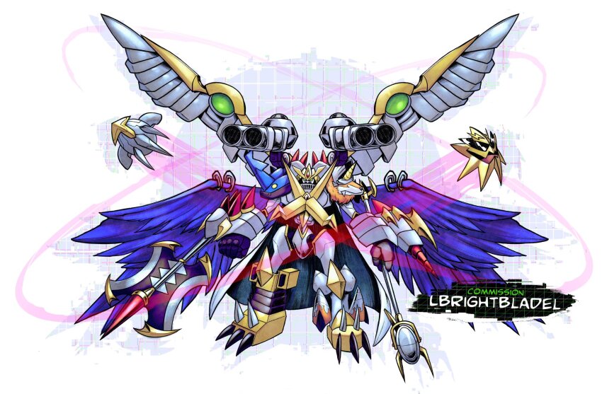 atlurballistamon beelzebumon_(digimon_xros_wars) cape claws darkknightmon digimon digimon_(creature) digimon_xros_wars fusion highres lbrightbladel microphone omegashoutmon oridigi original raptorsparrowmon shootingstarmon shoutmon_ex6 solo wings yaegerdorulumon zekegreymon
