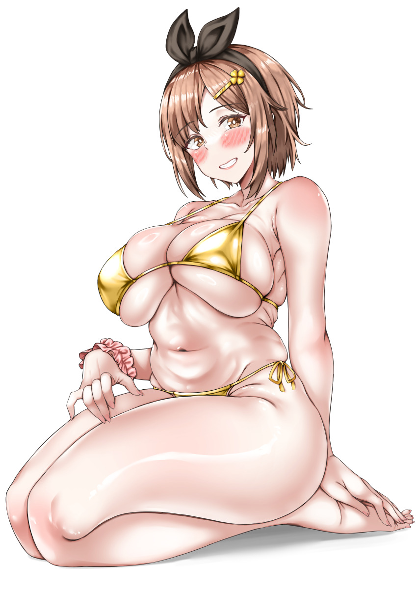 1girl absurdres atelier_(series) atelier_ryza bikini black_hairband blush breasts brown_eyes brown_hair collarbone curvy eyebrows eyelashes female_focus foot_out_of_frame from_side full_body grin hairband hand_on_own_foot hand_on_own_thigh highres huge_breasts lips looking_at_viewer matching_hair/eyes navel pipienpippi reisalin_stout seiza short_hair side-tie_bikini_bottom simple_background sitting smile solo swimsuit teeth thighs white_background yellow_bikini