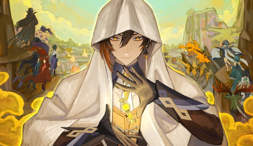 4boys 5girls animal barefoot black_gloves black_hair blue_hair bonanus_(genshin_impact) bosacius_(genshin_impact) brown_hair chess_piece chinese_clothes closed_mouth cloud coat dabodabonogomu day earrings floating_hair genshin_impact gloves glowing gnosis_(genshin_impact) gradient_hair guizhong_(genshin_impact) hair_between_eyes highres hood hood_up indarias_(genshin_impact) jewelry long_hair long_sleeves looking_at_viewer madame_ping_(genshin_impact) male_focus menogias_(genshin_impact) moon_carver_(genshin_impact) mountain multicolored_hair multiple_boys multiple_girls necktie orange_eyes orange_hair outdoors red_hair single_earring solo_focus tassel tassel_earrings white_necktie wide_sleeves xianyun_(genshin_impact) xiao_(genshin_impact) zhongli_(genshin_impact)