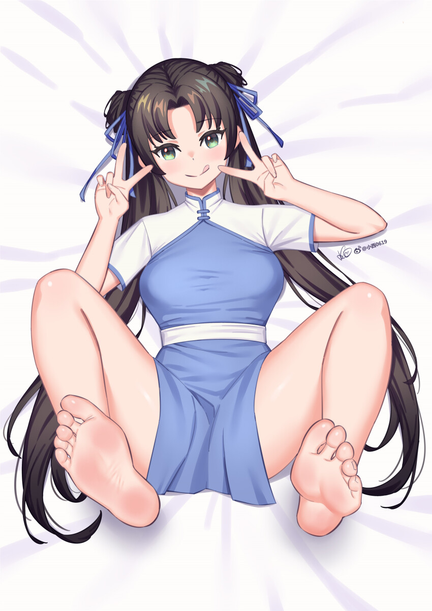1girl absurdres barefoot black_hair chinese_clothes double_v feet green_eyes highres licking_lips long_hair looking_at_viewer smile soles toes tongue tongue_out twintails v xianjian_qixia_zhuan zhao_linger