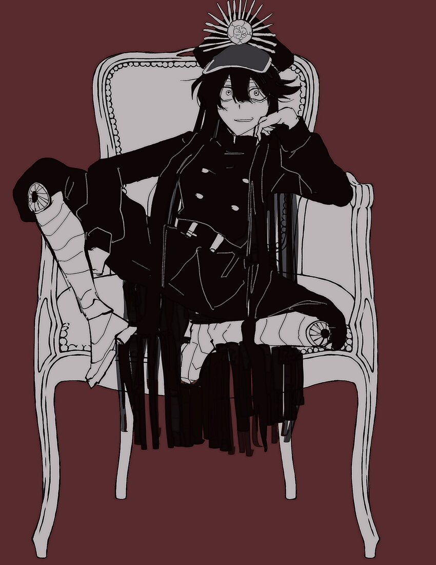 1girl bags_under_eyes belt black_hair crazy_smile crest family_crest fate/grand_order fate_(series) hat highres long_hair maeyakara000 military_hat oda_nobunaga_(fate) oda_uri parted_lips peaked_cap red_background sitting smile solo