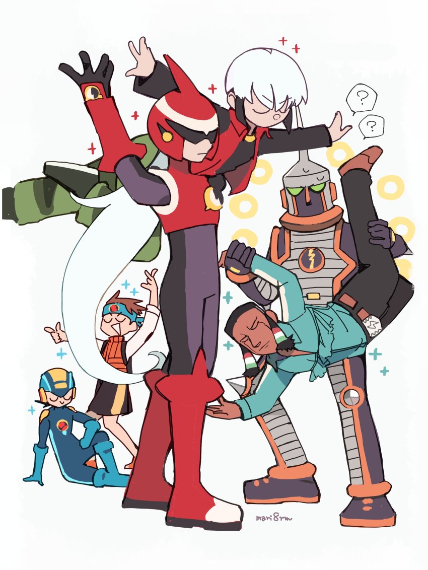 6+boys ? absurdres armor black_bodysuit black_hair black_pants black_shirt black_shorts blue_bodysuit blue_shirt bodysuit brown_hair carrying carrying_person dark-skinned_male dark_skin eugene_chaud_(mega_man) green_pants group_picture group_pose highres lan_hikari_(mega_man) long_hair mashin_sentai_kiramager mega_man_(series) mega_man_battle_network_(series) megaman.exe multiple_boys netnavi orange_vest pants protoman.exe raoul_(mega_man) red_armor red_vest shirt short_hair shorts simple_background sparkle speech_bubble spoken_question_mark super_sentai thunderman.exe vest white_background white_hair white_shirt yukikokoro