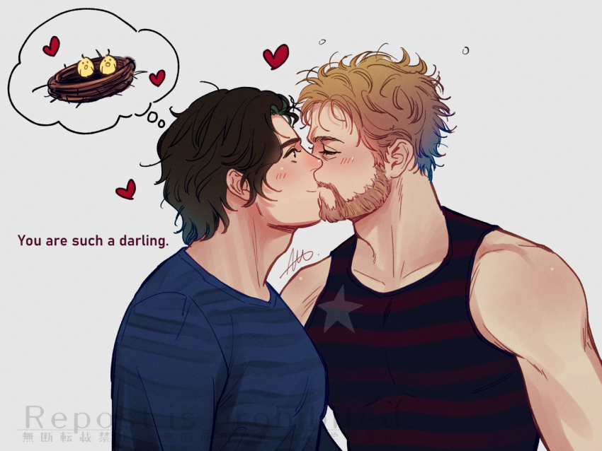 2boys bare_shoulders beard black_hair black_tank_top blonde_hair blue_eyes blue_shirt blush closed_eyes closed_mouth collarbone commentary_request english_text facial_hair heart john_walker_(marvel) kiss long_sleeves looking_at_another male_focus marvel marvel_cinematic_universe messy_hair multiple_boys muscular muscular_male sentry_(marvel) sherlock7akane shirt short_hair signature simple_background smile speech_bubble star_(symbol) star_print striped_clothes striped_shirt striped_tank_top tank_top thought_bubble thunderbolts_(movie) upper_body watermark white_background yaoi