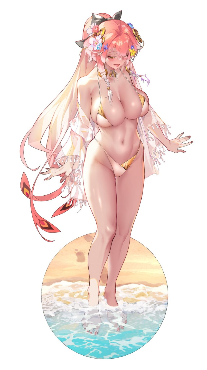 1girl alternate_costume bare_legs bare_shoulders barefoot bikini black_bow bow braid breasts changli_(wuthering_waves) collarbone commentary cropped english_commentary feather_hair fingernails flower groin hair_bow hair_extensions hair_flower hair_ornament half-closed_eyes highleg highleg_bikini highres large_breasts legs light_blush long_hair looking_down multicolored_hair nail_polish navel open_mouth pink_hair pink_nails ring_hair_extensions simple_background smile solo stomach swimsuit thighs toenail_polish toenails twin_braids two-tone_hair wading white_background white_bikini white_hair wuthering_waves xxinainaxx yellow_eyes