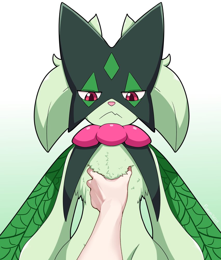 animal_ears disembodied_hand fluff frown highres keita_naruzawa looking_at_another meowscarada nintendo petting pokemon pokemon_(creature) red_eyes simple_background
