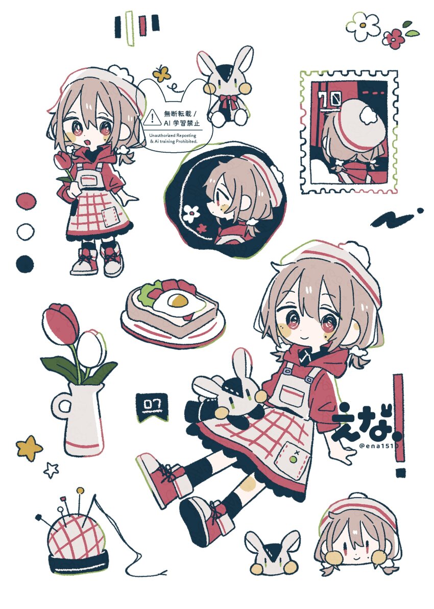 1girl :d absurdres apron artist_name bacon black_socks blush_stickers bread bread_slice brown_hair closed_mouth color_guide commentary egg_(food) ena_1510 flower food frilled_skirt frills full_body grey_apron grey_hat hat highres holding holding_flower hood hood_down hoodie lettuce long_sleeves looking_at_viewer multiple_views open_mouth original postmark red_eyes red_flower red_hoodie red_rose red_shoes red_skirt rose shoes short_hair simple_background skirt smile socks stuffed_animal stuffed_rabbit stuffed_toy symbol-only_commentary toast twitter_username vase watermark white_background yarn yarn_ball |_|