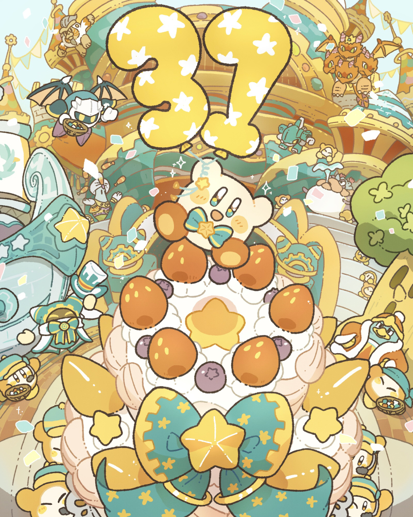 :d anniversary arms_up black_eyes blueberry blush_stickers bow bowtie bright_pupils cake carrying closed_eyes coat crown fatty_puffer flying food fruit fur_trim goriath hands_on_own_hips happy harukui hat headscarf highres juggling king_dedede kirby kirby&#039;s_return_to_dream_land kirby_(series) landia looking_at_another looking_at_viewer lor_starcutter magolor mask meta_knight metal_general microphone mr._dooter nintendo one_eye_closed open_mouth smile solid_eyes star_(symbol) strawberry waddle_dee whispy_woods white_pupils wings yellow_eyes