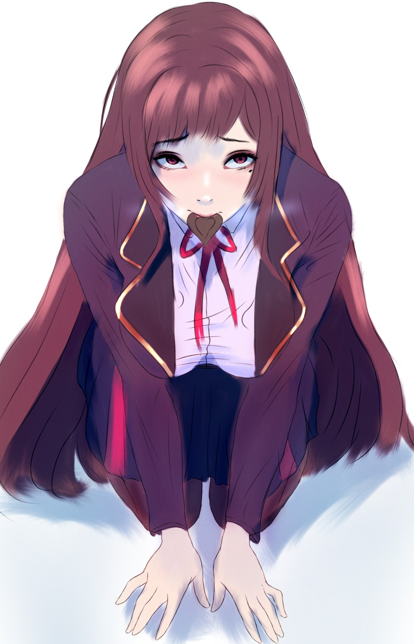 1girl absurdres banmin banmin_chan breasts brown_hair chocolate_in_mouth colored_skin eizoku_shizu eyeshadow eyeshadow_under_eye highres hime_cut large_breasts lipstick long_hair makeup military_lolita mole mountainbro permabanned red_eyes thick_thighs thighs valentines_chocolate virtual_youtuber white_skin