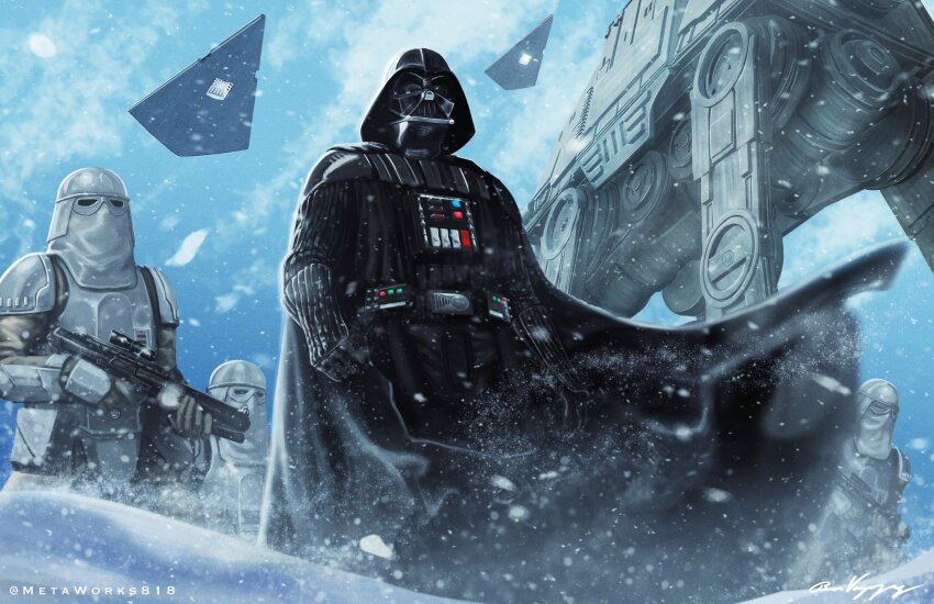 4boys armor artist_name at-at black_bodysuit black_cape black_gloves black_helmet bodysuit cape commentary darth_vader english_commentary from_below gloves gun helmet highres holding holding_gun holding_weapon may_the_4th metaworks818 multiple_boys outdoors signature snow snowtrooper spacecraft standing star_destroyer star_wars weapon white_armor white_helmet