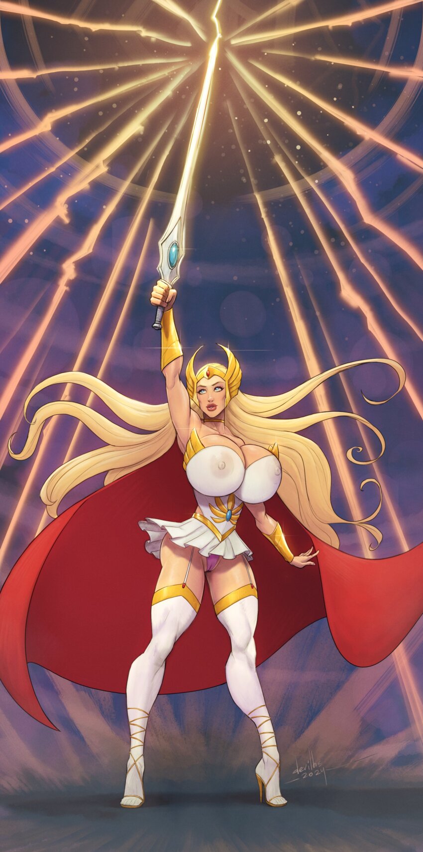 1girl absurdres arm_up blonde_hair blue_eyes boots breasts cameltoe cape cleavage devilhs dress full_body garter_straps gold_choker gold_vambraces headgear high_heel_boots high_heels highres holding holding_sword holding_weapon huge_breasts long_hair magic microdress nipples panties pink_panties pleated_dress red_cape see-through_clothes see-through_dress she-ra she-ra_princess_of_power signature solo sword thigh_boots underwear vambraces very_long_hair weapon white_boots white_dress white_garter_straps winged_headwear
