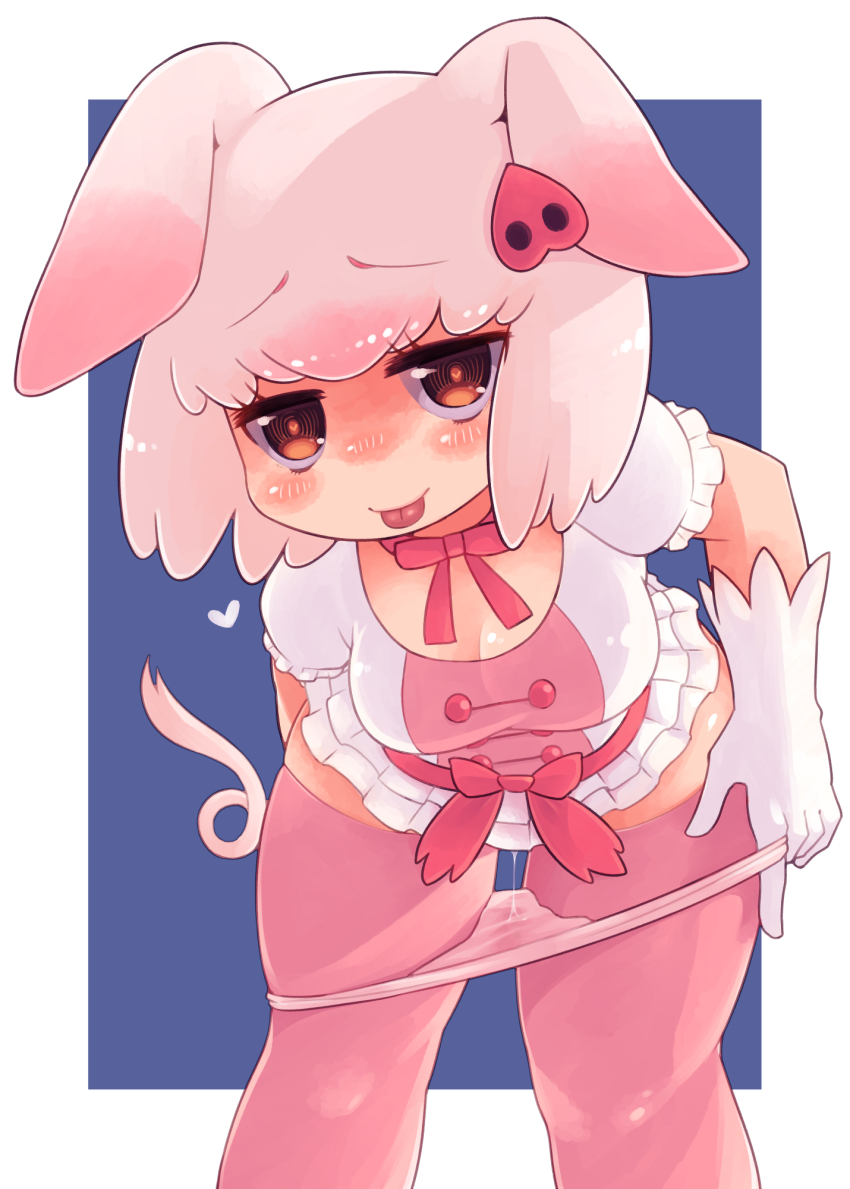 1girl animal_ears bow gloves hair_ornament heart highres ino_(tellu0120) kemono_friends looking_at_viewer naughty_face neck_ribbon panties pig_(kemono_friends) pig_ears pig_girl pig_tail pink_hair pink_thighhighs puffy_short_sleeves puffy_sleeves pussy_juice pussy_juice_trail ribbon short_hair short_sleeves simple_background solo tail thighhighs underwear white_gloves