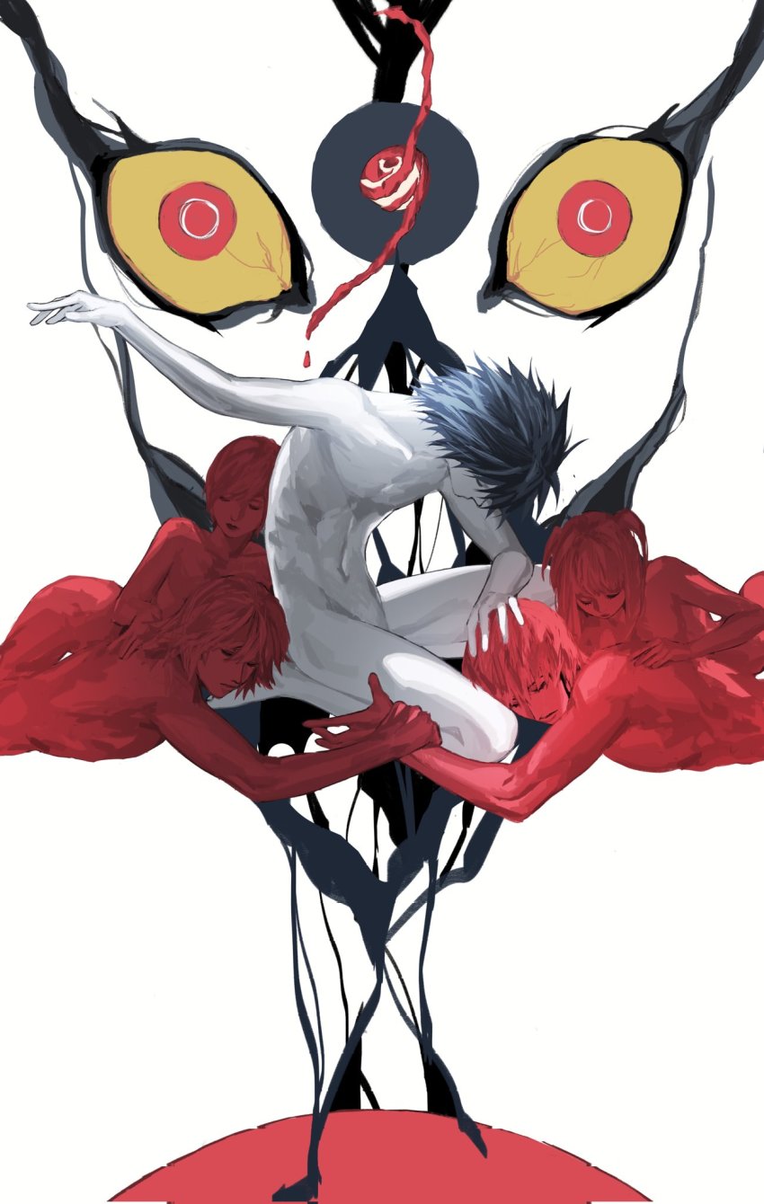 2girls 3boys albino amane_misa apple bishounen blue_hair character_request colored_skin commentary death_note english_commentary evil_grin evil_smile fangs food fruit grin hand_on_another&#039;s_head highres l_(death_note) looking_at_viewer multiple_boys multiple_girls navel nude pale_skin red_eyes ryuk shinigami simple_background smile solo_focus white_background white_skin woyaocharlie