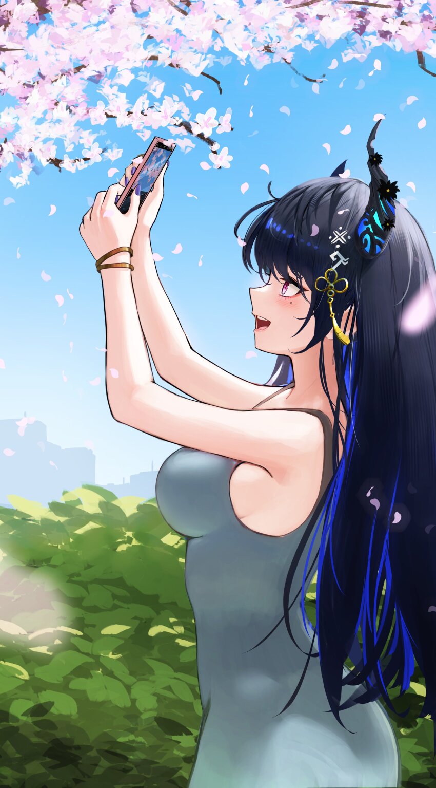 1girl absurdres alternate_costume asymmetrical_horns black_hair black_horns blue_hair blue_sky bracelet branch breasts cherry_blossoms day demon_horns dress falling_petals flower from_side grey_dress highres holding holding_phone hololive hololive_english horn_flower horns jewelry large_breasts long_hair nerissa_ravencroft open_mouth outdoors petals phone purple_nails radi_(pixiv_88192217) red_eyes sky sleeveless sleeveless_dress solo taking_picture virtual_youtuber