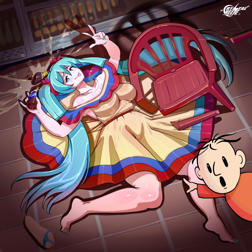 1girl absurdres alcohol beer blue_eyes blue_hair blush chair colombia colombian_flag colombian_miku crystalcheese_(artist) dress drunk hair_ornament hatsune_miku highres long_hair tongue tongue_out twintails v weapon_of_mass_destruction