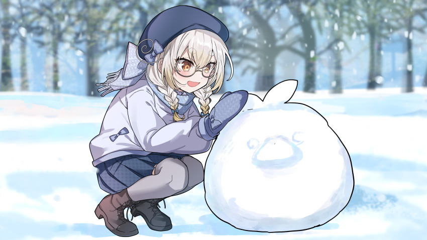 1girl absurdres black_boots black_hat blonde_hair blue_bow blue_skirt boots bow braid character_snowman colored_tips grey_mittens grey_scarf grey_thighhighs hair_bow hat highres indie_virtual_youtuber kamogumi_(kanna_yanagi) kanna_yanagi long_hair maruiusausagi mittens multicolored_hair open_mouth pleated_skirt scarf short_eyebrows skirt smile snow snowing thighhighs tree twin_braids virtual_youtuber white_hair yellow_eyes