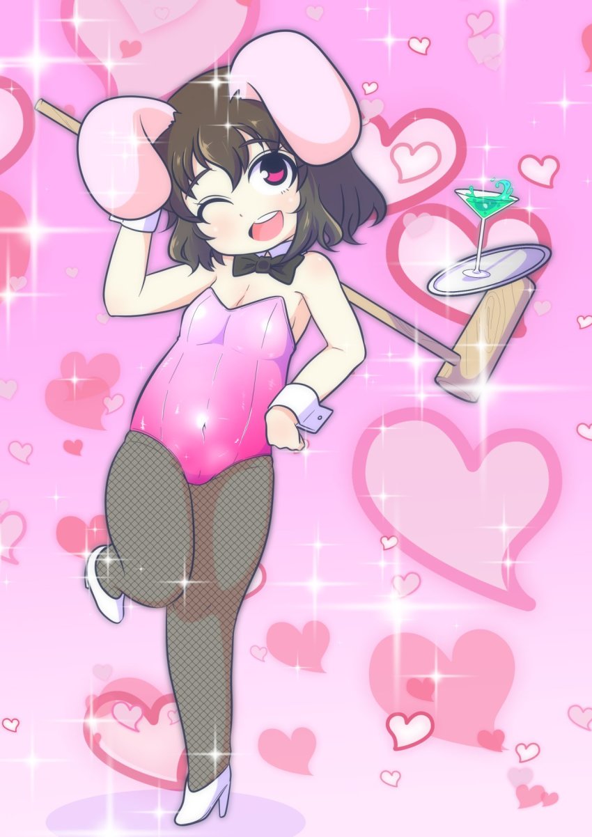 1girl ;d alternate_costume animal_ears bow bowtie brown_hair detached_collar fishnet_pantyhose fishnets heart highres inaba_tewi kine leotard looking_at_viewer mallet one_eye_closed open_mouth pantyhose pink_background playboy_bunny rabbit_ears short_hair smile solo tail touhou utoi_(nurunurunameko) wrist_cuffs