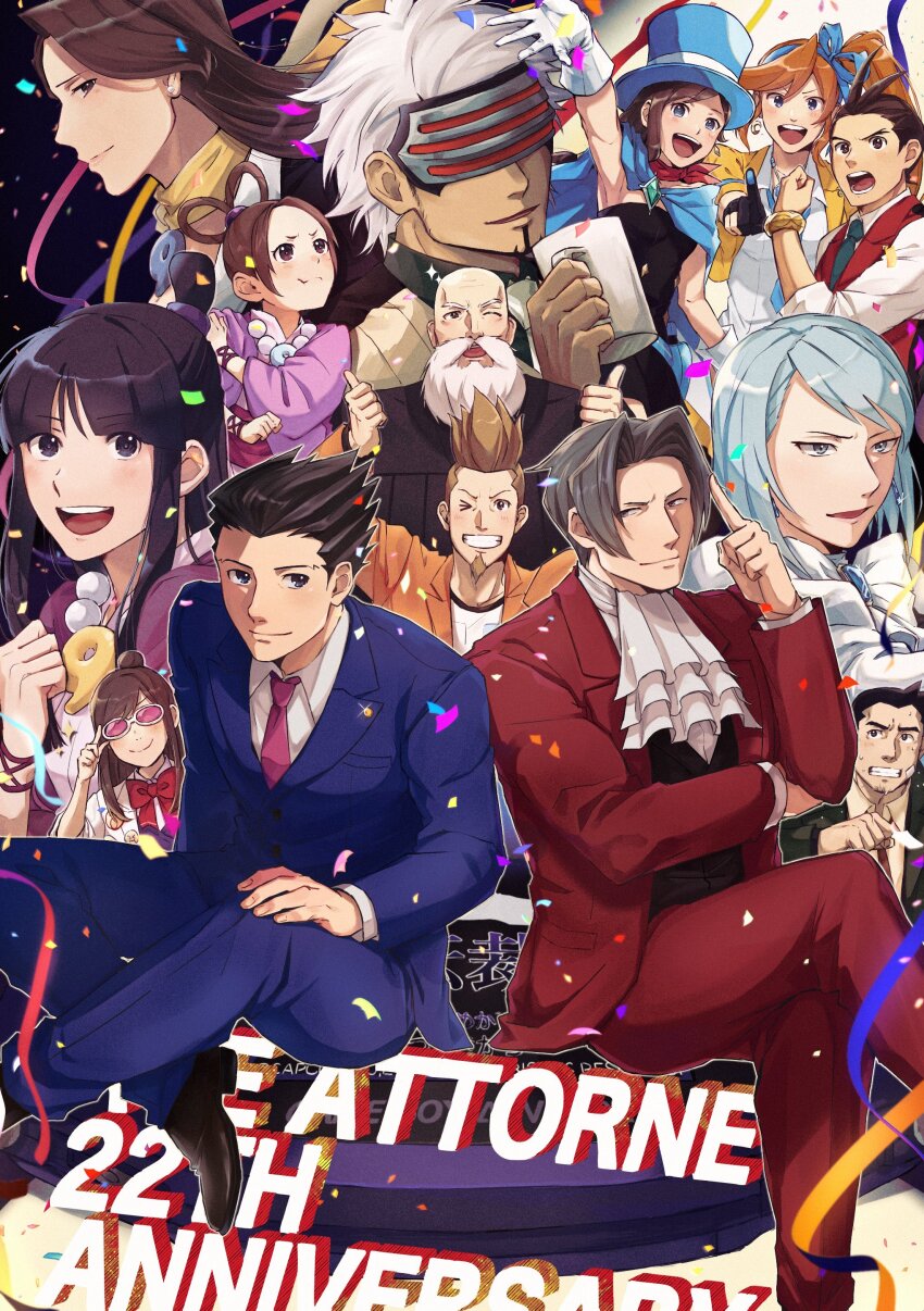6+boys 6+girls :d ;d absurdres ace_attorney adjusting_eyewear anniversary antenna_hair armpits ascot athena_cykes bald bandage_on_face bandages beard black_dress black_gloves black_hair black_jacket black_vest blue_bow blue_eyes blue_hair blue_headwear blue_jacket blue_necktie blue_pants bow brown_hair clenched_hand coffee_mug collared_shirt confetti cup dark-skinned_male dark_skin dick_gumshoe double_thumbs_up dress earrings ema_skye facial_hair franziska_von_karma gloves goatee godot_(ace_attorney) grey_hair hair_between_eyes hair_bow hair_rings hat highres holding holding_cup jacket japanese_clothes jewelry kimono larry_butz long_hair long_sleeves looking_at_viewer magatama magatama_necklace mask maya_fey mia_fey miles_edgeworth mug multiple_boys multiple_girls necklace necktie one_eye_closed open_mouth orange_hair orange_jacket pants partially_fingerless_gloves pearl_fey phoenix_wright pointing pout purple_kimono red_bow red_jacket red_necktie red_pants red_vest shirt short_hair side_ponytail single_glove sleeveless sleeveless_dress smile sunglasses teeth the_judge_(ace_attorney) thumbs_up top_hat trucy_wright upper_teeth_only vest white_ascot white_gloves white_hair white_shirt yellow_jacket yyyo_m7