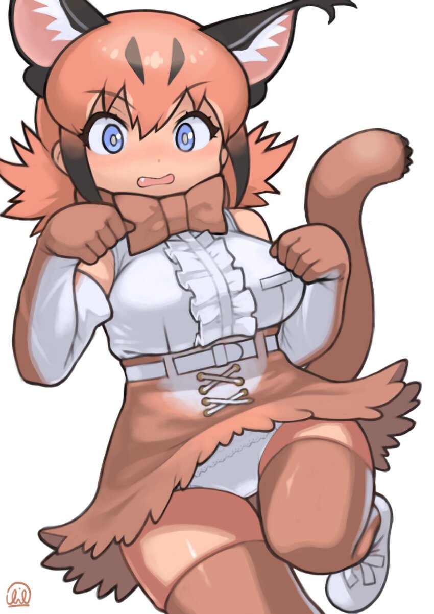 1girl animal_ears belt blue_eyes bow bowtie caracal_(kemono_friends) cat_ears cat_girl cat_tail elbow_gloves extra_ears gloves highres kemono_friends long_hair looking_at_viewer orange_hair panties rinx shirt shoes simple_background skirt sleeveless sleeveless_shirt solo tail thighhighs underwear