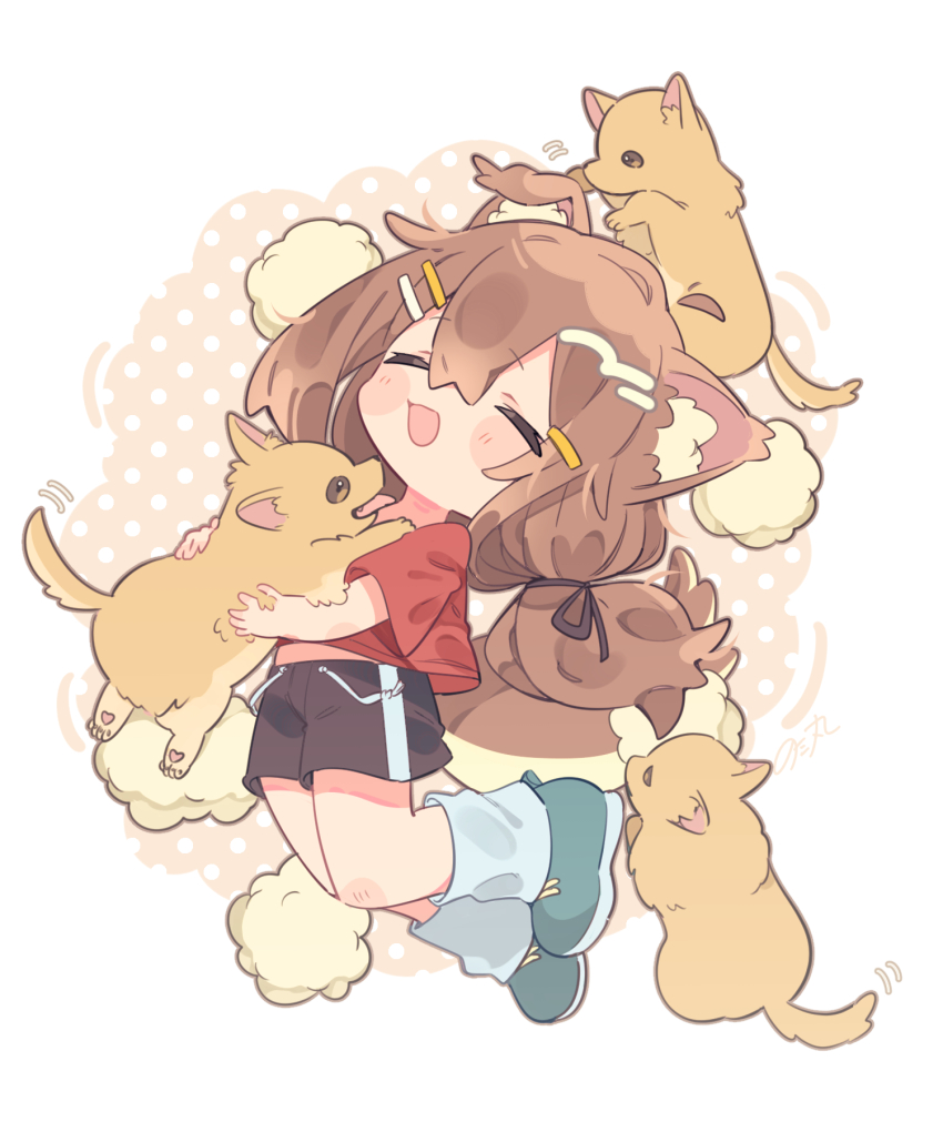 1girl :d animal_ear_fluff animal_ears black_ribbon black_shorts blue_shoes blue_socks blush_stickers brown_hair closed_eyes commentary_request dog dog_ears dog_girl full_body hair_ornament hair_ribbon hairclip highres long_hair low-tied_long_hair mamehinata notamaru_2 open_mouth polka_dot polka_dot_background red_shirt ribbon shirt shoes short_sleeves shorts smile socks vrchat