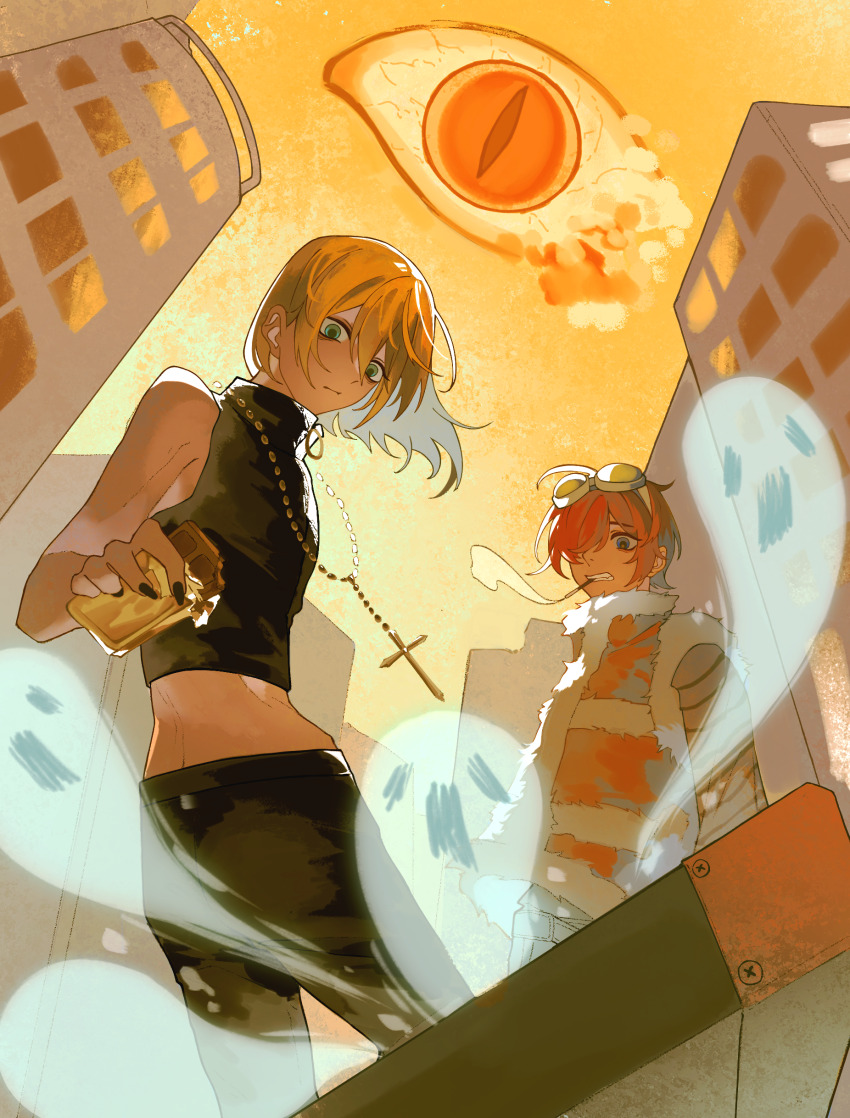 2boys absurdres black_pants black_shirt blonde_hair blue_eyes building candy chinese_commentary chocolate chocolate_bar cigarette clenched_teeth closed_mouth commentary_request cross cross_necklace death_note food fur-trimmed_jacket fur_trim ghost goggles goggles_on_head grey_eyes hair_behind_ear hair_between_eyes highres holding holding_candy holding_food jacket jewelry jiyumingyucunyin12068 male_focus matt_(death_note) mello_(death_note) midriff multiple_boys necklace one-eyed outdoors pants red_hair shirt sky skyscraper sleeveless sleeveless_turtleneck slit_pupils smoke smoke_trail smoking standing striped_clothes striped_jacket teeth turtleneck white_fur yellow_sky
