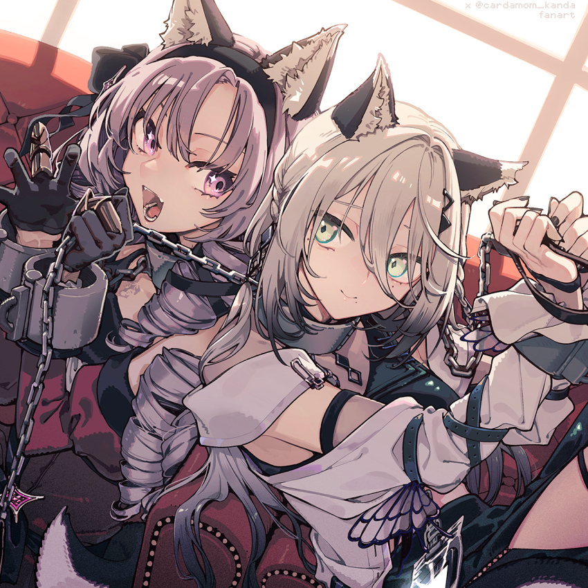 2girls animal_ears black_gloves black_nails black_skirt bound bound_wrists cardamom_kanda chain chain_leash claw_ring collar commentary_request couch detached_sleeves dress drill_hair fake_animal_ears gloves green_eyes grey_hair hair_ornament hairclip highres holding holding_chain hyakumantenbara_salome hyakumantenbara_salome_(1st_costume) juliet_sleeves leash long_hair long_sleeves metal_collar multiple_girls nijisanji on_couch puffy_long_sleeves puffy_sleeves purple_eyes purple_hair red_dress side_slit skirt sophia_valentine sophia_valentine_(1st_costume) sparkling_eyes virtual_youtuber