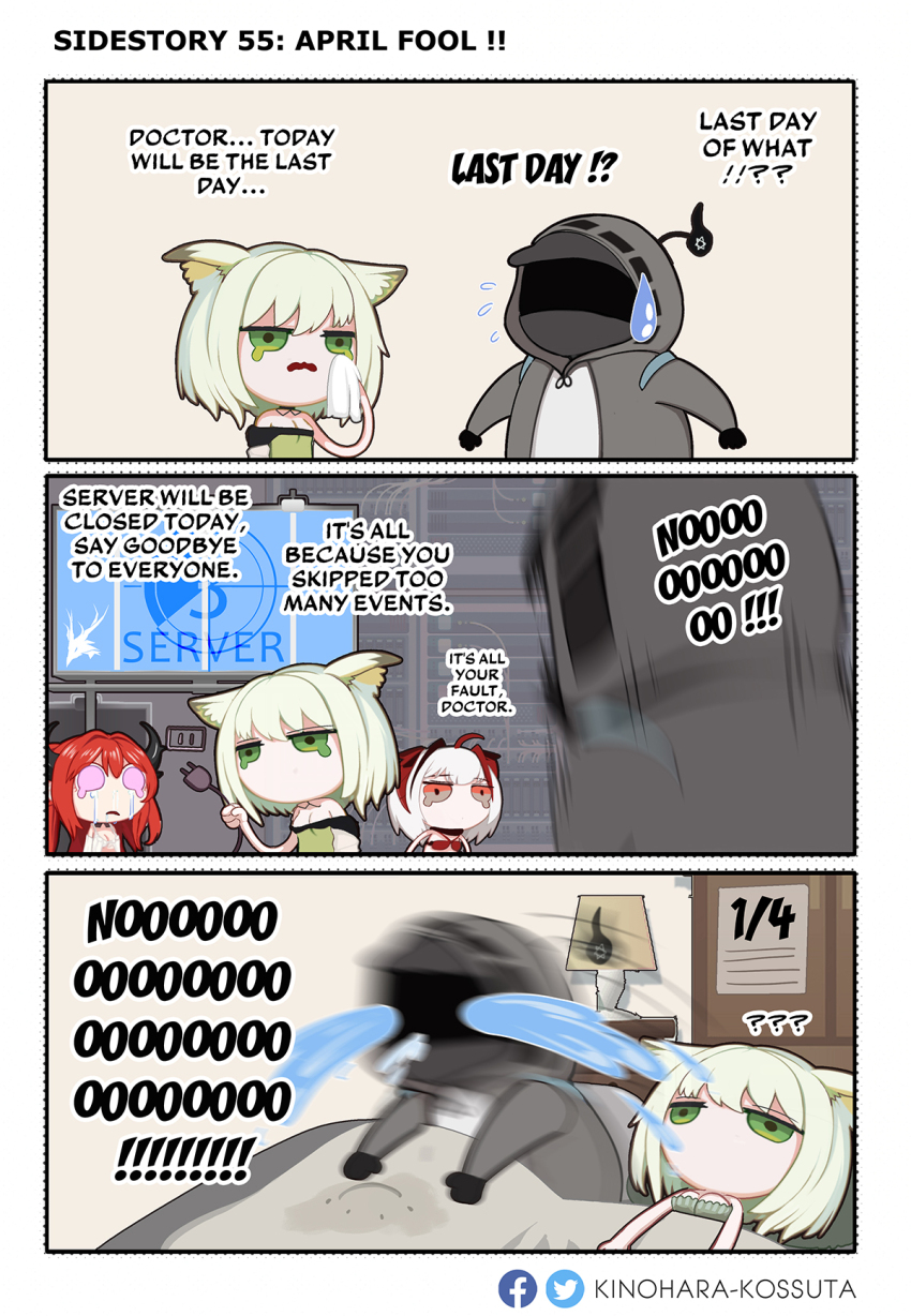 1other 3girls animal_ears april_fools arknights cat_ears comic crying demon_horns doctor_(arknights) dreaming english_text green_eyes highres horns kal&#039;tsit_(arknights) kinohara_kossuta multicolored_hair multiple_girls nightmare no red_hair surtr_(arknights) sweat unplugged w_(arknights) white_hair