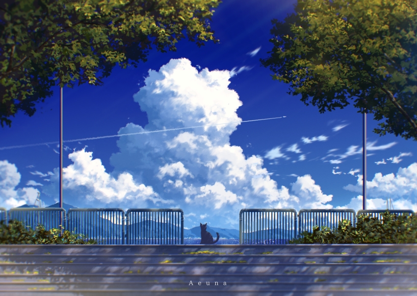 aeuna blue_sky bush cat cloud commentary contrail cumulonimbus_cloud dappled_sunlight day english_commentary highres lamppost landscape mountain mountainous_horizon no_humans original outdoors railing rural scenery sky stairs summer sunlight tree watermark