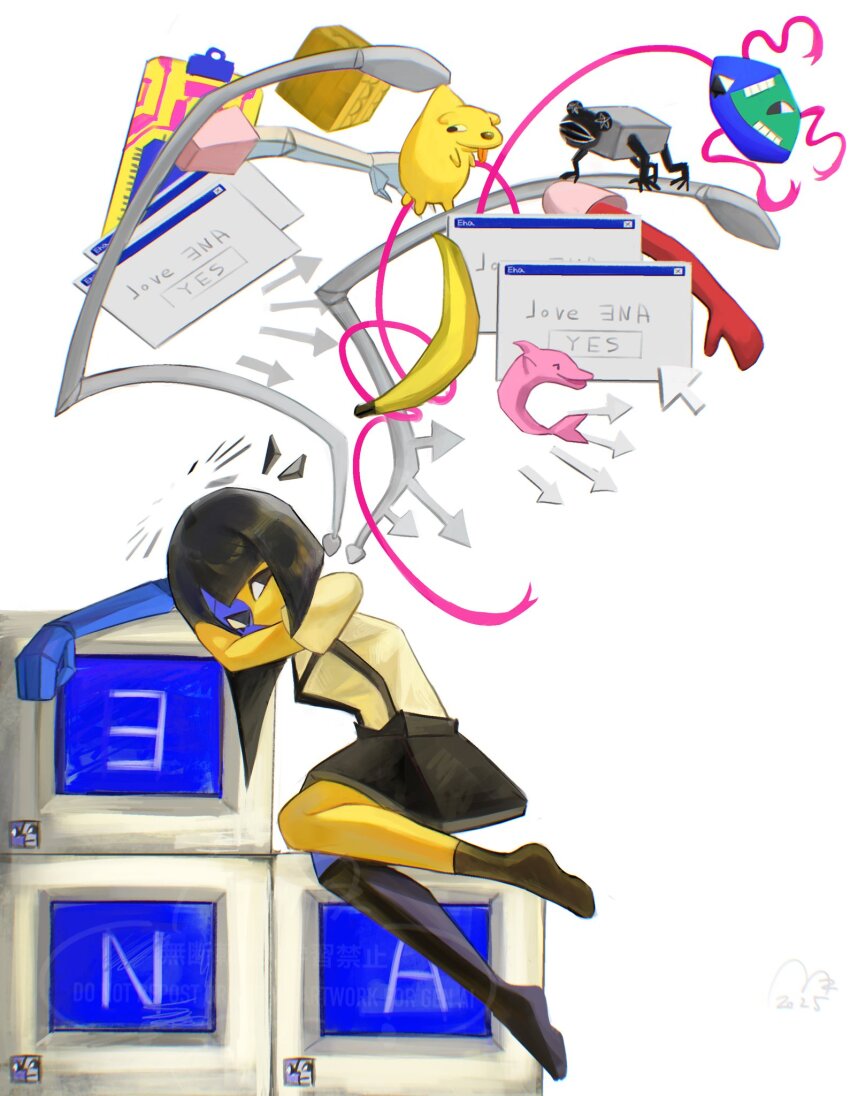 banana black_hair blue_skin blunt_ends brick_frog colored_skin dolphin ena:_dream_bbq ena_(dream_bbq)_(joel_g) ena_(joel_g) ena_(series) ena_(species) food fruit highres hourglass_dog kneehighs low_poly mask mask_(ena) multicolored_skin phindoll shirt skirt socks split-color_skin two-tone_skin usagimarumei yellow_skin