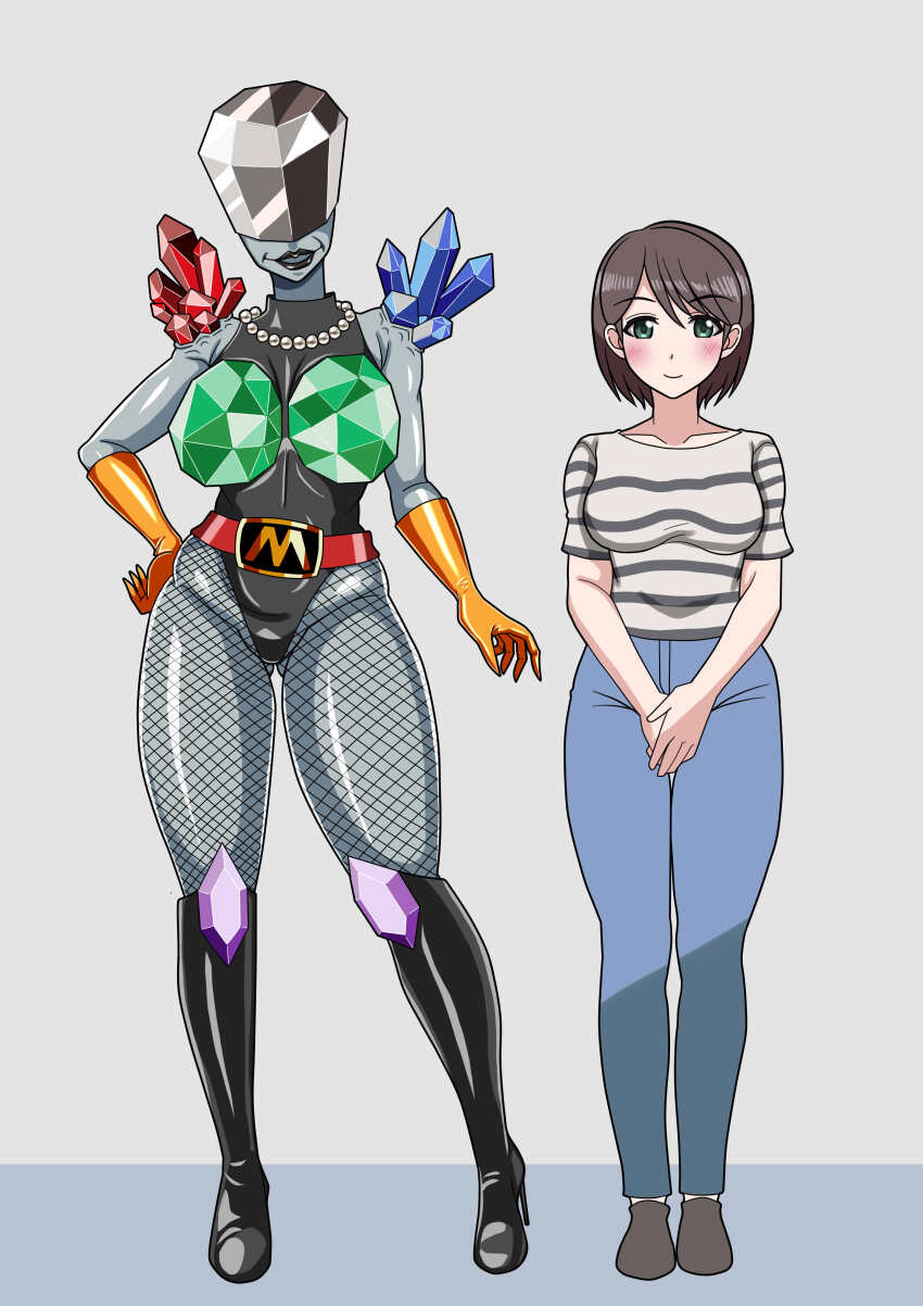 absurdres alternate_form before_and_after belt black_boots black_leotard black_lips blue_eyes blue_gemstone blue_skirt blush bob_cut body_modification boots breast_expansion breasts breasts_out brown_hair collarbone colored_skin commentary_request corruption cyborg dark_persona denim diamond_(gemstone) gem gloves green_gemstone grey_skin highres jeans jewelry knee_boots leotard monsterification necklace no_eyes orange_gloves original pants pearl_necklace purple_gemstone red_gemstone shirt short_hair skirt smile story_in_commentary t-shirt tengukizoku thick_thighs thighs transformation transforming_clothes
