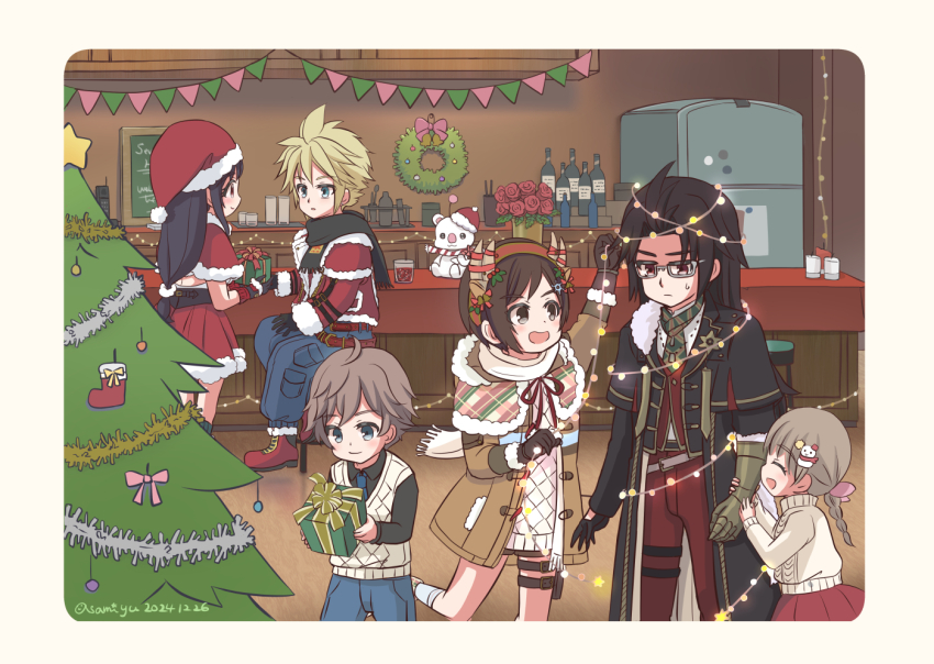 3boys 3girls asami_yutori black_coat black_gloves black_hair black_scarf blonde_hair blue_eyes blue_pants bottle braid braided_ponytail brown_coat brown_hair capelet child christmas christmas_lights christmas_ornaments christmas_present christmas_stocking christmas_tree cloud_strife cloud_strife_(holiday_outfit) coat commentary_request cup denzel_(ff7) dress final_fantasy final_fantasy_vii final_fantasy_vii_advent_children final_fantasy_vii_ever_crisis flower fur-trimmed_capelet fur-trimmed_headwear fur-trimmed_jacket fur-trimmed_skirt fur_trim gauntlets gift glasses gloves hair_ribbon hat holding holding_gift indoors jacket long_hair looking_at_another low-tied_long_hair marlene_wallace moogle multiple_boys multiple_girls official_alternate_costume pants pink_ribbon pom_pom_(clothes) red_capelet red_eyes red_flower red_footwear red_hat red_jacket red_pants red_rose red_vest ribbon rose santa_costume santa_dress santa_hat scarf short_hair single_gauntlet sitting skirt slice_of_life spiked_hair standing sweater tifa_lockhart tifa_lockhart_(fairy_of_the_holy_flame) turtleneck turtleneck_sweater twitter_username vest vincent_valentine vincent_valentine_(holiday_formal_wear) white_sweater yuffie_kisaragi yuffie_kisaragi_(holiday_cheer_reindeer)