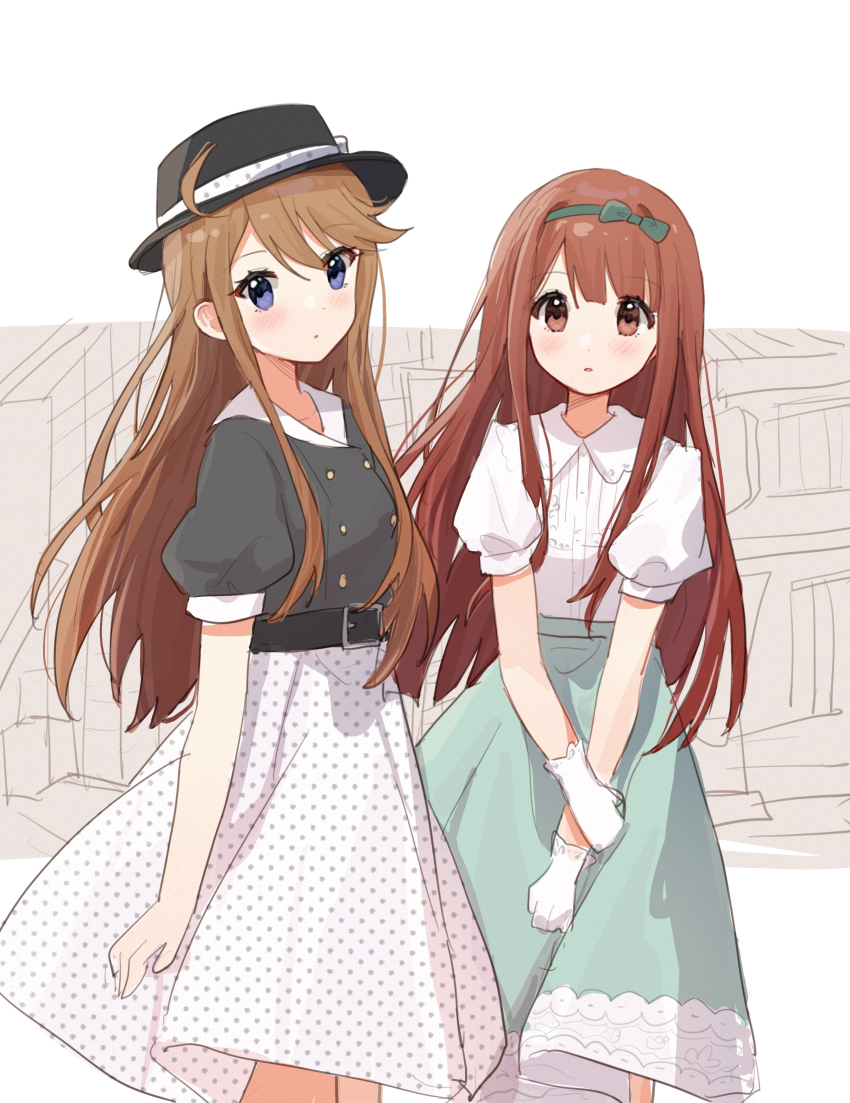 2girls absurdres ahoge belt belt_buckle black_belt black_hair black_shirt blue_eyes blush bow brown_eyes brown_hair buckle gloves green_bow green_hairband green_skirt hair_bow hairband highres idolmaster idolmaster_million_live! long_hair looking_at_viewer multiple_girls nnnn parted_lips polka_dot polka_dot_skirt puffy_short_sleeves puffy_sleeves red_hair shirt short_sleeves skirt standing tanaka_kotoha tokoro_megumi white_gloves white_shirt white_skirt