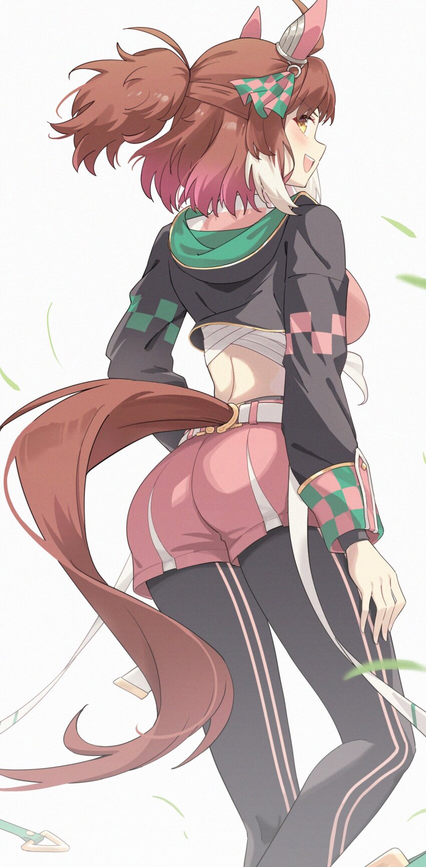 1girl absurdres ahoge animal_ears ass brown_hair dantsu_flame_(umamusume) from_behind highres horse_ears horse_girl horse_tail leggings open_mouth pink_shorts profnote shorts smile solo tail umamusume