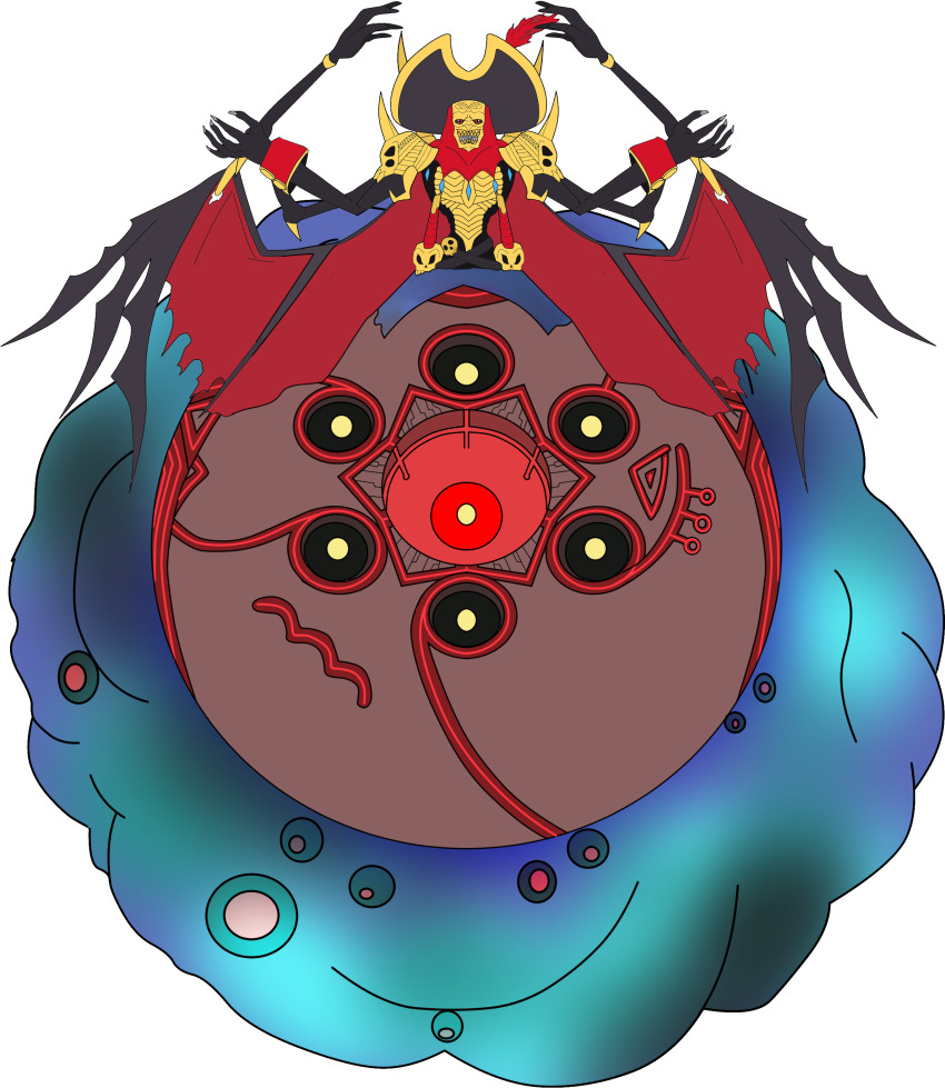 absurdres black_sclera colored_sclera digimon digimon_survive floating fusion hat highres looking_at_viewer master_(digimon) monster red_eyes red_sclera skull voltobautamon yellow_eyes