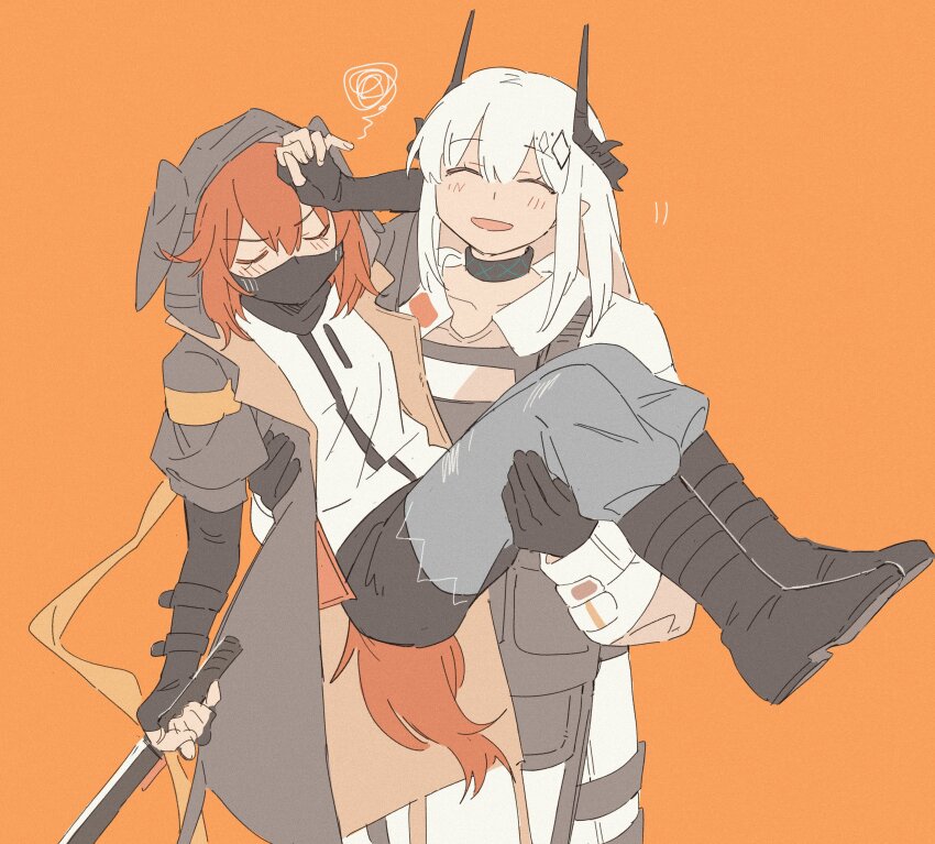2girls absurdres animal_ear_hood arknights black_boots black_coat black_horns black_mask blush boots carrying closed_eyes coat crownslayer_(arknights) dopperu_ben elbow_gloves fake_animal_ears fingerless_gloves gloves grey_pants hair_between_eyes highres holding holding_knife hood hooded_coat horns hyena_ears hyena_girl hyena_tail jumpsuit knife mask medium_hair mouth_mask mudrock_(arknights) mudrock_(elite_ii)_(arknights) multiple_girls open_clothes open_coat orange_background pants princess_carry red_hair short_sleeves simple_background smile white_jumpsuit