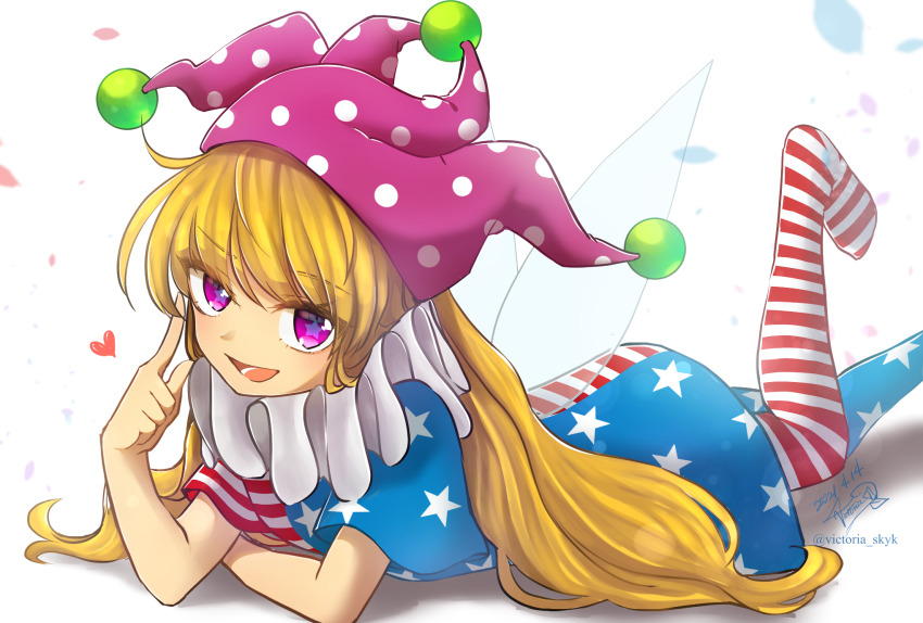 1girl american_flag american_flag_dress american_flag_legwear american_flag_print american_flag_shirt blonde_hair clownpiece commentary_request dress fairy_wings flag_print hat heart highres holding holding_torch jester_cap leg_up long_hair lying neck_ruff on_stomach pantyhose polka_dot polka_dot_headwear pom_pom_(clothes) print_shirt purple_hat shirt solo star-shaped_pupils star_(symbol) star_print striped_clothes striped_dress striped_pantyhose symbol-shaped_pupils the_pose torch touhou very_long_hair victoria_skyk wings