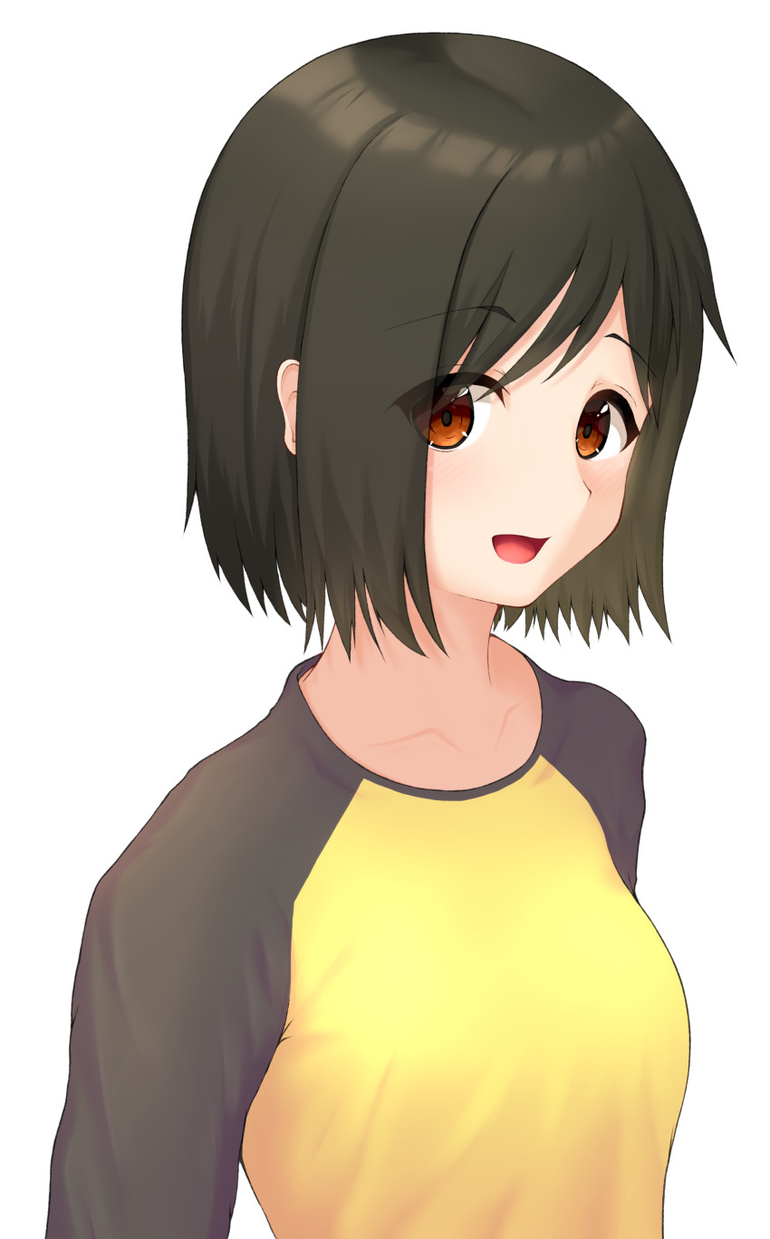 1girl :d absurdres black_hair black_shirt bob_cut breasts brown_eyes collarbone from_side highres long_sleeves looking_at_viewer looking_to_the_side medium_breasts nakahara_misaki nhk_ni_youkoso! open_mouth raglan_sleeves riore_(0808) shirt short_hair simple_background smile solo swept_bangs t-shirt two-tone_shirt upper_body white_background yellow_shirt
