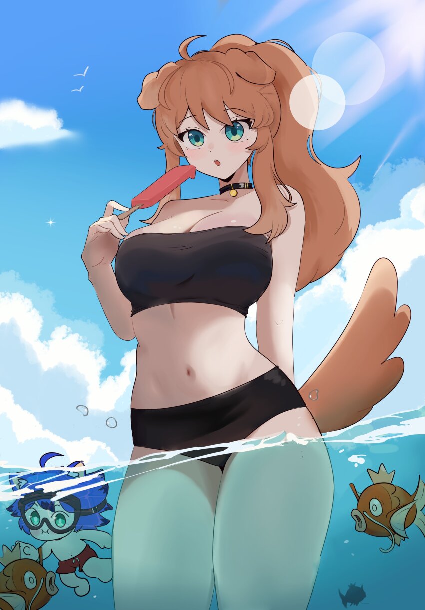 1boy 1girl absurdres animal_ears beach bikini black_bikini blue_hair blue_sky breasts brown_hair chibi cleavage closed_mouth cloud day diving diving_mask dog_boy dog_ears dog_girl dog_tail dot_nose eating eyebrows eyelashes feet_out_of_frame food from_below gen_1_pokemon goggles green_eyes highres ice_cream indie_virtual_youtuber large_breasts lilybell_(vtuber) long_hair looking_at_viewer looking_down magikarp marko_doodles navel nintendo ocean open_mouth outdoors parra_(vtuber) partially_underwater_shot pokemon pokemon_(creature) ponytail red_shorts shorts sidelocks sky solo_focus standing strapless strapless_bikini swimsuit tail underwater virtual_youtuber water wide_hips